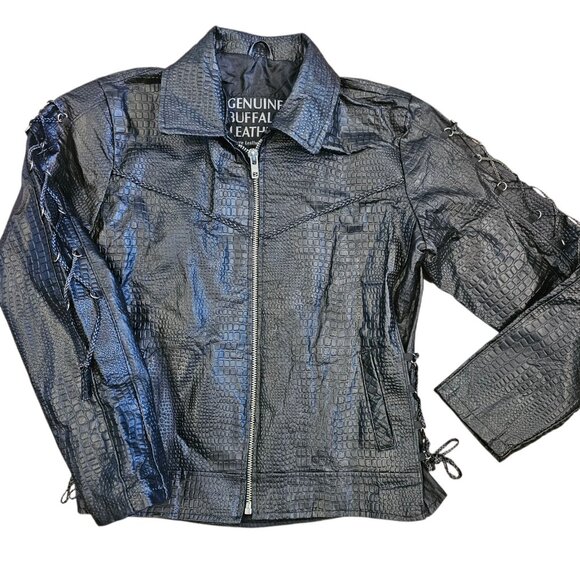 Y2K Black Leather Laceup Jacket Black Embroidered Roses On Back Sz L Biker Goth - Picture 2 of 12